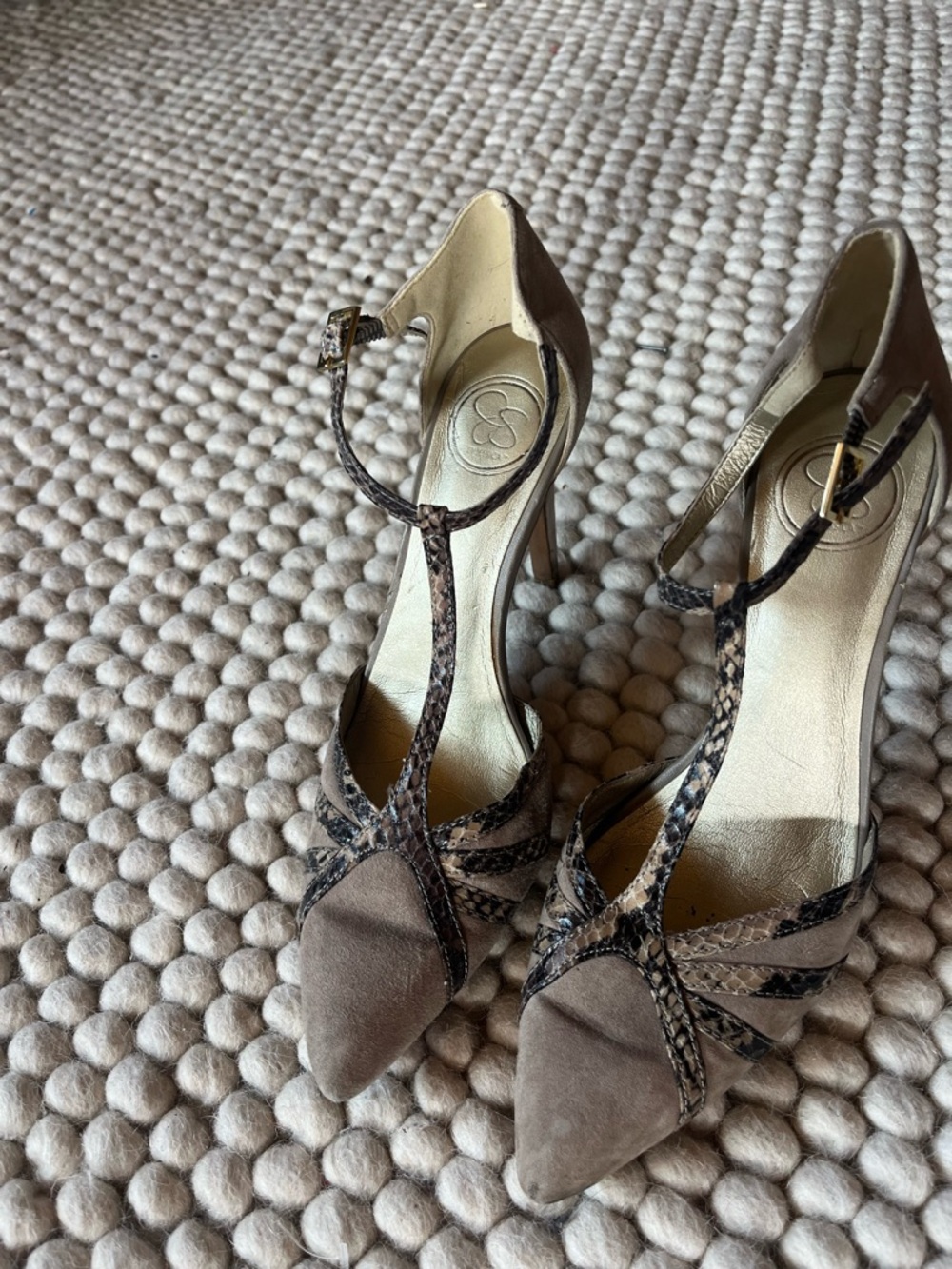 Women's Taupe Suede Pointed-Toe T-Strap Heels